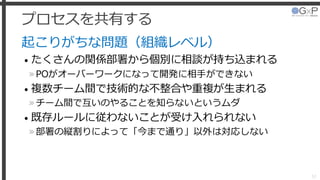 プロセスを共有する
起こりがちな問題（組織レベル）
• たくさんの関係部署から個別に相談が持ち込まれる
»POがオーバーワークになって開発に相手ができない
• 複数チーム間で技術的な不整合や重複が生まれる
»チーム間で互いのやることを知らないというムダ
• 既存ルールに従わないことが受け入れられない
»部署の縦割りによって「今まで通り」以外は対応しない
51
 