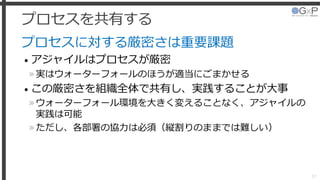 プロセスを共有する
プロセスに対する厳密さは重要課題
• アジャイルはプロセスが厳密
»実はウォーターフォールのほうが適当にごまかせる
• この厳密さを組織全体で共有し、実践することが大事
»ウォーターフォール環境を大きく変えることなく、アジャイルの
実践は可能
»ただし、各部署の協力は必須（縦割りのままでは難しい）
57
 