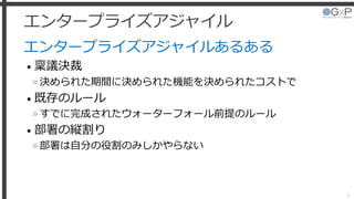 エンタープライズアジャイル
エンタープライズアジャイルあるある
• 稟議決裁
»決められた期間に決められた機能を決められたコストで
• 既存のルール
»すでに完成されたウォーターフォール前提のルール
• 部署の縦割り
»部署は自分の役割のみしかやらない
6
 