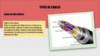 TIPOS DE CABLES
Cable de fibra Óptica
Cable de fibra óptica
Utiliza el concepto del reflejo de la luz a través de un
núcleo de vidrio o plástico. El núcleo está rodeado por
una cubierta de vidrio o plástico menos densa llamada
revestimiento. Se utiliza para la transmisión de grandes
volúmenes de datos.
 