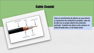 Cable Coaxial
Tiene un revestimiento de plástico en cuyo interior
se encuentran dos conductores paralelos, cada uno
de ellos con su propia cubierta de protección
particular. Transfiere los datos en dos maneras: el
modo de banda base y el de banda ancha.
 