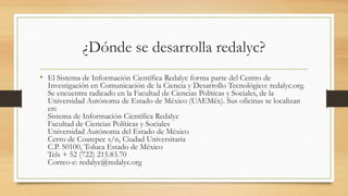 ¿Dónde se desarrolla redalyc?
• El Sistema de Información Científica Redalyc forma parte del Centro de
Investigación en Comunicación de la Ciencia y Desarrollo Tecnológico: redalyc.org.
Se encuentra radicado en la Facultad de Ciencias Políticas y Sociales, de la
Universidad Autónoma de Estado de México (UAEMéx). Sus oficinas se localizan
en:
Sistema de Información Científica Redalyc
Facultad de Ciencias Políticas y Sociales
Universidad Autónoma del Estado de México
Cerro de Coatepec s/n, Ciudad Universitaria
C.P. 50100, Toluca Estado de México
Tels + 52 (722) 215.83.70
Correo-e: redalyc@redalyc.org
 