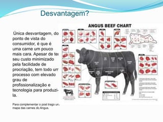 Desvantagem?
Única desvantagem, do
ponto de vista do
consumidor, é que é
uma carne um pouco
mais cara. Apesar de ter
seu custo minimizado
pela facilidade de
procriação, tem todo um
processo com elevado
grau de
profissionalização e
tecnologia para produzi-
la.
Para complementar o post trago um
mapa das carnes do Angus.
 