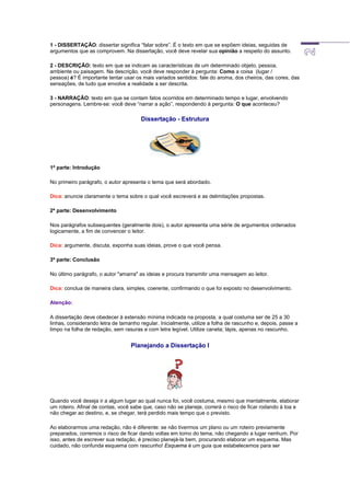 1 - DISSERTAÇÃO: dissertar significa “falar sobre”. É o texto em que se expõem ideias, seguidas de
argumentos que as comprovem. Na dissertação, você deve revelar sua opinião a respeito do assunto.
2 - DESCRIÇÃO: texto em que se indicam as características de um determinado objeto, pessoa,
ambiente ou paisagem. Na descrição, você deve responder à pergunta: Como a coisa (lugar /
pessoa) é? É importante tentar usar os mais variados sentidos: fale do aroma, dos cheiros, das cores, das
sensações, de tudo que envolve a realidade a ser descrita.
3 - NARRAÇÃO: texto em que se contam fatos ocorridos em determinado tempo e lugar, envolvendo
personagens. Lembre-se: você deve “narrar a ação”, respondendo à pergunta: O que aconteceu?
Dissertação - Estrutura
1ª parte: Introdução
No primeiro parágrafo, o autor apresenta o tema que será abordado.
Dica: anuncie claramente o tema sobre o qual você escreverá e as delimitações propostas.
2ª parte: Desenvolvimento
Nos parágrafos subsequentes (geralmente dois), o autor apresenta uma série de argumentos ordenados
logicamente, a fim de convencer o leitor.
Dica: argumente, discuta, exponha suas ideias, prove o que você pensa.
3ª parte: Conclusão
No último parágrafo, o autor "amarra" as ideias e procura transmitir uma mensagem ao leitor.
Dica: conclua de maneira clara, simples, coerente, confirmando o que foi exposto no desenvolvimento.
Atenção:
A dissertação deve obedecer à extensão mínima indicada na proposta, a qual costuma ser de 25 a 30
linhas, considerando letra de tamanho regular. Inicialmente, utilize a folha de rascunho e, depois, passe a
limpo na folha de redação, sem rasuras e com letra legível. Utilize caneta; lápis, apenas no rascunho.
Planejando a Dissertação I
Quando você deseja ir a algum lugar ao qual nunca foi, você costuma, mesmo que mentalmente, elaborar
um roteiro. Afinal de contas, você sabe que, caso não se planeje, correrá o risco de ficar rodando à toa e
não chegar ao destino, e, se chegar, terá perdido mais tempo que o previsto.
Ao elaborarmos uma redação, não é diferente: se não tivermos um plano ou um roteiro previamente
preparados, corremos o risco de ficar dando voltas em torno do tema, não chegando a lugar nenhum. Por
isso, antes de escrever sua redação, é preciso planejá-la bem, procurando elaborar um esquema. Mas
cuidado, não confunda esquema com rascunho! Esquema é um guia que estabelecemos para ser
 