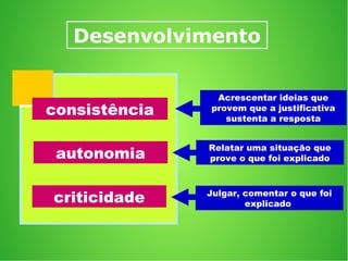 Desenvolvimento
consistência
Acrescentar ideias que
provem que a justificativa
sustenta a resposta
autonomia
Relatar uma situação que
prove o que foi explicado
criticidade Julgar, comentar o que foi
explicado
 