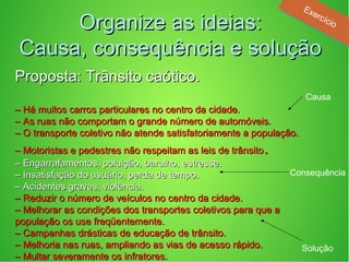 Organize as ideias:Organize as ideias:
Causa, consequência e soluçãoCausa, consequência e solução
Proposta: Trânsito caótico.Proposta: Trânsito caótico.
–– Há muitos carros particulares no centro da cidade.Há muitos carros particulares no centro da cidade.
–– As ruas não comportam o grande número de automóveis.As ruas não comportam o grande número de automóveis.
–– O transporte coletivo não atende satisfatoriamente a população.O transporte coletivo não atende satisfatoriamente a população.
–– Motoristas e pedestres não respeitam as leis de trânsitoMotoristas e pedestres não respeitam as leis de trânsito..
–– Engarrafamentos, poluição, barulho, estresse.Engarrafamentos, poluição, barulho, estresse.
–– Insatisfação do usuário, perda de tempo.Insatisfação do usuário, perda de tempo.
–– Acidentes graves, violência.Acidentes graves, violência.
–– Reduzir o número de veículos no centro da cidade.Reduzir o número de veículos no centro da cidade.
–– Melhorar as condições dos transportes coletivos para que aMelhorar as condições dos transportes coletivos para que a
população os use freqüentemente.população os use freqüentemente.
–– Campanhas drásticas de educação de trânsito.Campanhas drásticas de educação de trânsito.
–– Melhoria nas ruas, ampliando as vias de acesso rápido.Melhoria nas ruas, ampliando as vias de acesso rápido.
–– Multar severamente os infratores.Multar severamente os infratores.
Causa
Consequência
Solução
Exercício
Exercício
 