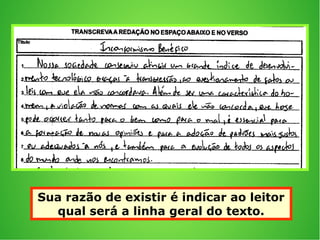 Sua razão de existir é indicar ao leitor
qual será a linha geral do texto.
 