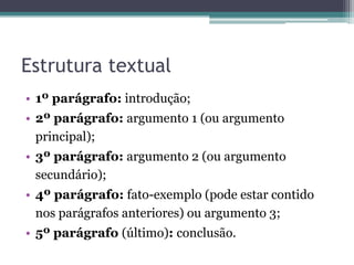 Estrutura textual
• 1º parágrafo: introdução;
• 2º parágrafo: argumento 1 (ou argumento
principal);

• 3º parágrafo: argumento 2 (ou argumento
secundário);
• 4º parágrafo: fato-exemplo (pode estar contido
nos parágrafos anteriores) ou argumento 3;
• 5º parágrafo (último): conclusão.

 