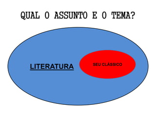 QUAL O ASSUNTO E O TEMA?
LITERATURA SEU CLÁSSICO
 