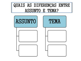 QUAIS AS DIFERENÇAS ENTRE
ASSUNTO E TEMA?
ASSUNTO TEMA
 