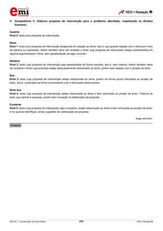 RED  Redação 
_________________________________________________________________________________________________________________________
___________________________________________________________________________________________________________________________________________________________________________________________________________________________________________________________________________________________________________________________________________________________________________________________________________________________ _____________________________________________________________________________________________________________
SEE-AC  Coordenação de Ensino Médio RED  Redação 203
 Competência V: Elaborar proposta de intervenção para o problema abordado, respeitando os direitos
humanos.
Ausente
Nível 0: texto sem proposta de intervenção.
Baixa
Nível 1: texto com proposta de intervenção tangencial em relação ao tema, isto é, que guarda relação com o tema por meio
de palavra ou expressão. Assim também deve ser avaliado o texto cuja proposta de intervenção esteja subentendida em
alguma argumentação crítica, sem apresentação de algo concreto.
Mediana
Nível 2: texto cuja proposta de intervenção seja apresentada de forma precária, isto é, sem clareza. Assim também deve
ser avaliado o texto cuja proposta esteja adequadamente relacionada ao tema, porém sem relação com o projeto de texto.
Boa
Nível 3: texto cuja proposta de intervenção esteja relacionada ao tema, porém de forma pouco articulada ao projeto de
texto, isto é, conectada de forma inconsistente com a discussão desenvolvida.
Muito boa
Nível 4: texto cuja proposta de intervenção esteja relacionada ao tema e bem articulada ao projeto de texto. Trata-se do
texto que atende à proposta, porém sem inovação na elaboração da proposta.
Excelente
Nível 5: texto cuja proposta de intervenção seja inovadora, esteja relacionada ao tema e bem articulada ao projeto de texto,
e no qual se identifique, ainda, sugestão de viabilização da proposta.
Fonte: MEC/INEP.
________________________________________________________________________________________________________
*Anotações*
 