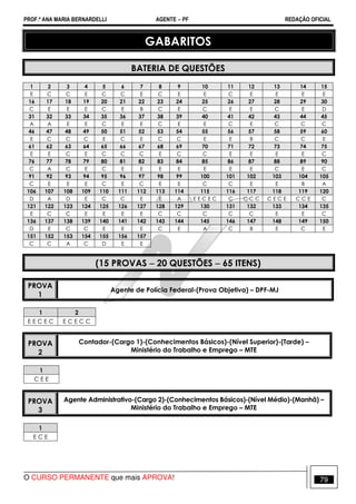 PROF.ª ANA MARIA BERNARDELLI AGENTE − PF REDAÇÃO OFICIAL 
GABARITOS 
BATERIA DE QUESTÕES 
1 2 3 4 5 6 7 8 9 10 11 12 13 14 15 
E C C E C C E C E E C E E E E 
16 17 18 19 20 21 22 23 24 25 26 27 28 29 30 
C E E E C E B C E C E E C E D 
31 32 33 34 35 36 37 38 39 40 41 42 43 44 45 
A A E E C E E C E E C E C C C 
46 47 48 49 50 51 52 53 54 55 56 57 58 59 60 
E C C C E C E C C E E B C C E 
61 62 63 64 65 66 67 68 69 70 71 72 73 74 75 
E E C E C C C E C C E E E E C 
76 77 78 79 80 81 82 83 84 85 86 87 88 89 90 
C A C E C E E E E E E E C E C 
91 92 93 94 95 96 97 98 99 100 101 102 103 104 105 
C E E E C E C E E C C E E B A 
106 107 108 109 110 111 112 113 114 115 116 117 118 119 120 
D A D E C C E E A E E C E C C C C C C E C E C C E C 
121 122 123 124 125 126 127 128 129 130 131 132 133 134 135 
E C C E E E E C C C C C E E C 
136 137 138 139 140 141 142 143 144 145 146 147 148 149 150 
D E C C E E E C E A C B E C E 
151 152 153 154 155 156 157 
C C A C D E E 
(15 PROVAS − 20 QUESTÕES − 65 ITENS) 
PROVA 
1 
Agente de Polícia Federal-(Prova Objetiva) – DPF-MJ 
1 2 
E E C E C E C E C C 
PROVA 
2 
Contador-(Cargo 1)-(Conhecimentos Básicos)-(Nível Superior)-(Tarde) – 
Ministério do Trabalho e Emprego – MTE 
1 
C E E 
PROVA 
3 
Agente Administrativo-(Cargo 2)-(Conhecimentos Básicos)-(Nível Médio)-(Manhã) – 
Ministério do Trabalho e Emprego – MTE 
1 
E C E 
O CURSO PERMANENTE que mais APROVA! 79 
 