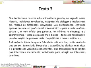 Texto 3 
O autoritarismo na área educacional tem gerado, ao logo de nossa 
história, indivíduos revoltados, incapazes de dialogar e intolerantes 
em relação às diferenças individuais. Sua preocupação, centrada 
apenas no sucesso profissional e econômico – para as altas esferas 
sociais -, e num ofício que garanta, no mínimo, o emprego e a 
sobrevivência – para as classes mais baixas -, tem sido responsável 
pela formação de pessoas mais competitivas e menos solidárias. 
A difusão da ideia de que a felicidade está em ter, muito mais do 
que em ser, tem criado bloqueios a experiências afetivas mais ricas 
e a projetos de vida mais consistentes, que transcendem os limites 
dos interesses meramente individuais para atingir os interesses 
coletivos. 
8 
Coordenador Regional: Walter Alencar de Sousa 
maranhaoprofissionaluresjp.blogspot.com 
 