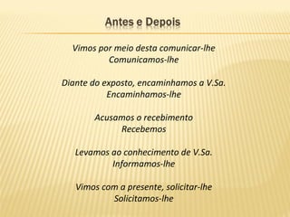 Vimos por meio desta comunicar-lhe
Comunicamos-lhe
Diante do exposto, encaminhamos a V.Sa.
Encaminhamos-lhe
Acusamos o recebimento
Recebemos
Levamos ao conhecimento de V.Sa.
Informamos-lhe
Vimos com a presente, solicitar-lhe
Solicitamos-lhe
 