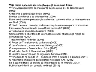 Veja todos os temas de redação que já caíram no Enem:
Viver e Aprender: letra da música “O que É, o que É”, de Gonzaguinha
(1998)
Cidadania e participação social (1999)
Direitos da criança e do adolescente (2000)
Desenvolvimento e preservação ambiental: como conciliar os interesses em
conflito? (2001)
O direito de votar: como fazer dessa conquista um meio para promover as
transformações sociais de que o Brasil necessita? (2002)
A violência na sociedade brasileira (2003)
Como garantir a liberdade de informação e evitar abusos nos meios de
comunicação? (2004)
Trabalho infantil no Brasil (2005)
O Poder de Transformação da Leitura (2006)
O desafio de se conviver com as diferenças (2007)
Como preservar a floresta Amazônica (2008)
O indivíduo frente à ética nacional (2009)
O trabalho na construção da dignidade humana (2010)
Viver em rede no século 21 – os limites entre o público e o privado (2011)
O movimento imigratório para o Brasil no século XXI’ (2012)
Lei Seca no Brasil: os efeitos da implantação da lei no país (2013)
Publicidade infantil em questão no Brasil (2014)
 