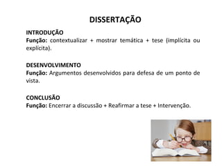 INTRODUÇÃO
Função: contextualizar + mostrar temática + tese (implícita ou
explícita).
DESENVOLVIMENTO
Função: Argumentos desenvolvidos para defesa de um ponto de
vista.
CONCLUSÃO
Função: Encerrar a discussão + Reafirmar a tese + Intervenção.
DISSERTAÇÃO
 