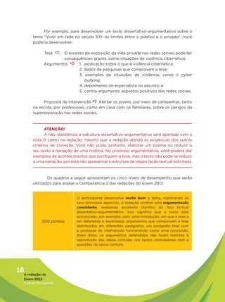 Por exemplo, para desenvolver um texto dissertativo-argumentativo sobre o
         tema “Viver em rede no século XXI: os limites entre o público e o privado”, você
         poderia desenvolver:

                Tese      a	O excesso de exposição da vida privada nas redes sociais pode ter
                        consequências graves, como situações de violência cibernética.
                Argumentos a 1. explicação sobre o que é violência cibernética;
                               2. dados de pesquisas que comprovam a tese;
                               3. exemplos de situações de violência, como o cyber
                                  bullying;
                               4. depoimento de especialista no assunto; e
                               5. contra-argumento: aspectos positivos das redes sociais.

              Proposta de intervenção a Alertar os jovens, por meio de campanhas, tanto
         na escola, por professores, como em casa com os familiares, sobre os perigos da
         superexposição nas redes sociais.



                ATENÇÃO!
                A não obediência à estrutura dissertativo-argumentativa será apenada com a
         nota 0 (zero) na redação, mesmo que a redação atenda às exigências dos outros
         critérios de correção. Você não pode, portanto, elaborar um poema ou reduzir o
         seu texto à narração de uma história. No processo argumentativo, você poderá dar
         exemplos de acontecimentos que justifiquem a tese, mas o texto não pode se reduzir
         a uma narração, por esta não apresentar a estrutura de organização textual solicitada.



                 Os quadros a seguir apresentam os cinco níveis de desempenho que serão
         utilizados para avaliar a Competência 2 das redações do Enem 2012:


                                    O participante desenvolve muito bem o tema, explorando os
                                    seus principais aspectos. A redação contém uma argumentação
                                    consistente, revelando excelente domínio do tipo textual
                                    dissertativo-argumentativo. Isso significa que o texto está
                                    estruturado, por exemplo, com: uma introdução, em que a tese a
               200 pontos           ser defendida é explicitada; argumentos que comprovam a tese
                                    distribuídos em diferentes parágrafos; um parágrafo final com
                                    a proposta de intervenção funcionando como uma conclusão.
                                    Além disso, os argumentos defendidos não ficam restritos à
                                    reprodução das ideias contidas nos textos motivadores nem a
                                    questões do senso comum.




18A redação no
   Enem 2012
   Guia do Participante
 