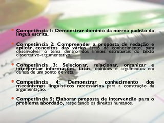  Competência 1: Demonstrar domínio da norma padrão da
língua escrita.
 Competência 2: Compreender a proposta de redação e
aplicar conceitos das várias áreas de conhecimento, para
desenvolver o tema dentro dos limites estruturais do texto
dissertativo-argumentativo.
 Competência 3: Selecionar, relacionar, organizar e
interpretar informações, fatos, opiniões e argumentos em
defesa de um ponto de vista.
 Competência 4: Demonstrar conhecimento dos
mecanismos linguísticos necessários para a construção da
argumentação.
 Competência 5: Elaborar proposta de intervenção para o
problema abordado, respeitando os direitos humanos.
 