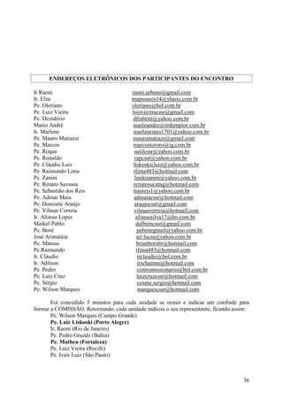 ENDEREÇOS ELETRÔNICOS DOS PARTICIPANTES DO ENCONTRO

Ir Raoni                               raoni.urbano@gmail.com
Ir. Elza                               mapsoares14@yhaoo.com.br
Pe. Oleriano                           oleriano@bol.com.br
Pe. Luiz Vieira                        luizvieriracssr@gmail.com
Pe. Dezidério                          dfrabetti@yahoo.com.br
Mario André                            marioandre@redemptor.com.br
Ir. Marlene                             marlaneines1701@yahoo.com.br
Pe. Mauro Matiazzi                     mauromatiazz@gmail.com
Pe. Marcos                              marcostororo@ig.com.br
Pe. Roque                               sutilcssr@yahoo.com.br
Pe. Ronaldo                             rapcssr@yahoo.com.br
Pe. Cláudio Luiz                        liskoskicluiz@yahoo.com.br
Pe. Raimundo Lima                       rlima483@hotmail.com
Pe. Zanini                              lindozanini@yahoo.com.br
Pe. Renato Savassa                      renatosucatag@hotmail.com
Pe. Sebastião dos Reis                  tiaoreis1@yahoo.com.br
Pe. Admar Maia                          admaiacssr@hotmail.com
Pe. Donizete Araújo                     araujocssr@gmail.com
Pe. Vilmar Correia                      vilmarcorreia@hotmail.com
Ir. Afonso Lopes                         afonsosilva17@bo.com.br
Maikel Pablo                             dalbemcssr@gmail.com
Pe. Benê                                  pebenegmail@yahoo.com.br
José Arimatéia                            ari.lucia@yahoo.com.br
Pe. Mateus                                brianborubr@hotmail.com
Pe.Raimundo                              rlima483@hotmail.com
Ir. Cláudio                               irclaudio@bol.com.br
Ir. Adilson                               irschamne@hotmail.com
Pe. Pedro                                 centromissionario@bol.com.br
Pe. Luiz Cruz                             luizcruzcssr@hotmail.com
Pe. Sérgio                                cosme.sergio@hotmail.com
Pe. Wilson Marques                        marquescssr@hotmail.com

       Foi concedido 5 minutos para cada unidade se reunir e indicar um confrade para
formar a COMISSÃO. Retornando, cada unidade indicou o seu representante, ficando assim:
       Pe. Wilson Marques (Campo Grande)
       Pe. Luiz Liskoski (Porto Alegre)
       Ir. Raoní (Rio de Janeiro)
       Pe. Pedro Gruzdz (Bahia)
       Pe. Matheu (Fortaleza)
       Pe. Luiz Vieira (Recife)
       Pe. Ivair Luiz (São Paulo)



                                                                                    36
 
