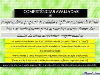 COMPETÊNCIAS AVALIADAS
                                                                 02
compreender a proposta de redação e aplicar conceitos de várias
  áreas do conhecimento para desenvolver o tema dentro dos
         limites do texto dissertativo-argumentativo
            os	
  textos-­‐base	
  devem	
  ser	
  lidos	
  cautelosamente	
  [procurar	
  “tema”	
  e	
  “tese”]	
  
           é	
  desejável	
  que	
  se	
  associe	
  o	
  assunto	
  abordado	
  a	
  outros	
  conteúdos	
  escolares	
  
                                                  [interdisciplinaridade]	
  
             teoricamente	
  o	
  texto	
  é	
  exposi3vo-­‐argumenta3vo	
  [dissertação	
  tradicional]	
  
            [ﬁque	
  atento	
  à	
  estrutura	
  e	
  às	
  técnicas	
  de	
  construção	
  deste	
  gênero	
  textual]	
  
 planeje	
  seu	
  texto:	
  levante	
  argumentos	
  e	
  ampliações,	
  atentando	
  aos	
  tópicos	
  acima	
  discu3dos	
  
 