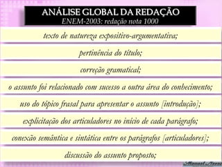 ANÁLISE GLOBAL DA REDAÇÃO
                 ENEM-2003: redação nota 1000
           texto de natureza expositivo-argumentativa;
                       pertinência do título;
                       correção gramatical;
o assunto foi relacionado com sucesso a outra área do conhecimento;
   uso do tópico frasal para apresentar o assunto [introdução];
    explicitação dos articuladores no início de cada parágrafo;
 conexão semântica e sintática entre os parágrafos [articuladores];
                  discussão do assunto proposto;
 