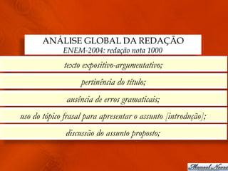 ANÁLISE GLOBAL DA REDAÇÃO
             ENEM-2004: redação nota 1000
              texto expositivo-argumentativo;
                   pertinência do título;
               ausência de erros gramaticais;
uso do tópico frasal para apresentar o assunto [introdução];
              discussão do assunto proposto;
 