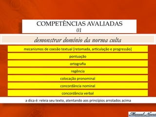 COMPETÊNCIAS AVALIADAS
                                                 01
         demonstrar domínio da norma culta
mecanismos	
  de	
  coesão	
  textual	
  [retomada,	
  ar3culação	
  e	
  progressão]	
  
                                           pontuação	
  
                                           ortograﬁa	
  
                                            regência	
  
                                  colocação	
  pronominal	
  
                                  concordância	
  nominal	
  
                                   concordância	
  verbal	
  
 a	
  dica	
  é:	
  releia	
  seu	
  texto,	
  atentando	
  aos	
  princípios	
  arrolados	
  acima	
  
 