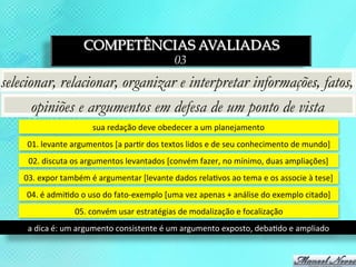 COMPETÊNCIAS AVALIADAS
                                                                  03
selecionar, relacionar, organizar e interpretar informações, fatos,
       opiniões e argumentos em defesa de um ponto de vista
                                sua	
  redação	
  deve	
  obedecer	
  a	
  um	
  planejamento	
  
     01.	
  levante	
  argumentos	
  [a	
  par3r	
  dos	
  textos	
  lidos	
  e	
  de	
  seu	
  conhecimento	
  de	
  mundo]	
  
     02.	
  discuta	
  os	
  argumentos	
  levantados	
  [convém	
  fazer,	
  no	
  mínimo,	
  duas	
  ampliações]	
  
    03.	
  expor	
  também	
  é	
  argumentar	
  [levante	
  dados	
  rela3vos	
  ao	
  tema	
  e	
  os	
  associe	
  à	
  tese]	
  
     04.	
  é	
  admi3do	
  o	
  uso	
  do	
  fato-­‐exemplo	
  [uma	
  vez	
  apenas	
  +	
  análise	
  do	
  exemplo	
  citado]	
  
                         05.	
  convém	
  usar	
  estratégias	
  de	
  modalização	
  e	
  focalização	
  
     a	
  dica	
  é:	
  um	
  argumento	
  consistente	
  é	
  um	
  argumento	
  exposto,	
  deba3do	
  e	
  ampliado	
  
 