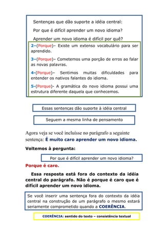 Sentenças que dão suporte a idéia central:

   Por que é difícil aprender um novo idioma?

   Aprender um novo idioma é difícil por quê?
  2–(Porque)– Existe um extenso vocabulário para ser
  aprendido.

  3–(Porque)– Cometemos uma porção de erros ao falar
  as novas palavras.

  4-(Porque)– Sentimos muitas dificuldades              para
  entender os nativos falantes do idioma.

  5-(Porque)- A gramática do novo idioma possui uma
  estrutura diferente daquela que conhecemos.

  6-(Porque)– É necessário muita prática para
  escrevermos corretamente um texto no idioma que
       Essas sentenças dão suporte à idéia central
  estamos aprendendo.

         Seguem a mesma linha de pensamento


Agora veja se você incluísse no parágrafo a seguinte
sentença: É muito caro aprender um novo idioma.
Voltemos à pergunta:

           Por que é difícil aprender um novo idioma?
Porque é caro.

   Essa resposta está fora do contexto da idéia
central do parágrafo. Não é porque é caro que é
difícil aprender um novo idioma.

Se você inserir uma sentença fora do contexto da idéia
central na construção de um parágrafo o mesmo estará
seriamente comprometido quando a COERÊNCIA.

       COERÊNCIA: sentido do texto – consistência textual
 
