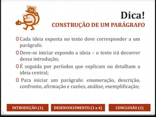 Dica!
CONSTRUÇÃO DE UM PARÁGRAFO
0 Cada ideia exposta no texto deve corresponder a um
parágrafo.
0 Deve-se iniciar expondo a ideia – o texto irá decorrer
dessa introdução;
0 É seguida por períodos que explicam ou detalham a
ideia central;
0 Para iniciar um parágrafo: enumeração, descrição,
confronto, afirmação e razões, análise, exemplificação;
INTRODUÇÃO (1) DESENVOLVIMENTO (3 a 4) CONCLUSÃO (1)
 