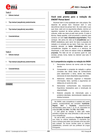 RED  Redação 
_________________________________________________________________________________________________________________________
___________________________________________________________________________________________________________________________________________________________________________________________________________________________________________________________________________________________________________________________________________________________________________________________________________________________ _____________________________________________________________________________________________________________
SEE-AC  Coordenação de Ensino Médio RED  Redação 
236
Texto 3
 Gênero textual:
___________________________________________________
 Tipo textual (sequência) predominante:
___________________________________________________
 Tipo textual (sequência) secundário:
___________________________________________________
 Características:
___________________________________________________
___________________________________________________
___________________________________________________
___________________________________________________
Texto 4
 Gênero textual:
___________________________________________________
 Tipo textual (sequência) predominante:
___________________________________________________
 Características:
___________________________________________________
___________________________________________________
___________________________________________________
___________________________________________________
________________________________________________
*Anotações*
*MÓDULO 2*
Você está pronto para a redação do
ENEM? Pense bem!
Escrever bem é uma qualidade sem vida própria. Ela
depende de pensar bem. Escrever bem é uma
decorrência natural de pensar bem. Se você sabe o que
quer dizer, está com os argumentos afiados, domina um
repertório razoável de temas políticos, econômicos e
culturais, então seu texto já está meio pronto. O resto é
técnica. Nesta apostila, você encontrará o caminho para
construir um bom texto dissertativo-argumentativo. Para
começar, não perca de vista as 5 competências que o
ENEM estabeleceu para servir de base à proposta de
redação e à correção de seu texto. Feito isso, leia com
bastante atenção os textos informativos sobre as
competências exigidas no exame e a estrutura da
dissertação, e não deixe de realizar todas as atividades
propostas. Por falar em ler: só escreve quem lê. Leia
revistas, jornais, livros, textos na internet. Leia tudo. E
pense bem!
As 5 competências exigidas na redação do ENEM
I. Demonstrar domínio da norma culta da língua
escrita.
II. Compreender a proposta de redação e aplicar
conceitos das várias áreas de conhecimento
para desenvolver o tema, dentro dos limites
estruturais do texto dissertativo-argumentativo.
III. Selecionar, relacionar, organizar e interpretar
informações, fatos, opiniões e argumentos em
defesa de um ponto de vista.
IV. Demonstrar conhecimento dos mecanismos
linguísticos necessários para a construção da
argumentação.
V. Elaborar proposta de intervenção para o
problema abordado, demonstrando respeito aos
direitos humanos.
No ENEM, cada competência é avaliada sob quatro
critérios, correspondentes aos conceitos: Insuficiente,
Regular, Bom e Excelente, respectivamente
representados pelos níveis 1, 2, 3 e 4, associados às
notas 2,5 (250); 5,0 (500); 7,5 (750); 10,0 (1000).
A nota global da redação é dada pela média
aritmética simples das notas atribuídas a cada uma das
cinco competências.
No site do MEC, encontra-se a Planilha de Correção
com todos os critérios detalhados. É importante que
você a conheça para saber com precisão como seu texto
será avaliado. Se houver dúvidas sobre os critérios
estabelecidos, converse com seu professor de Língua
Portuguesa.
 