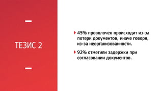ТЕЗИС 2 
! 45% проволочек происходит из-за 
потери документов, иначе говоря, 
из-за неорганизованности. 
! 92% отметили задержки при 
согласовании документов. 
 