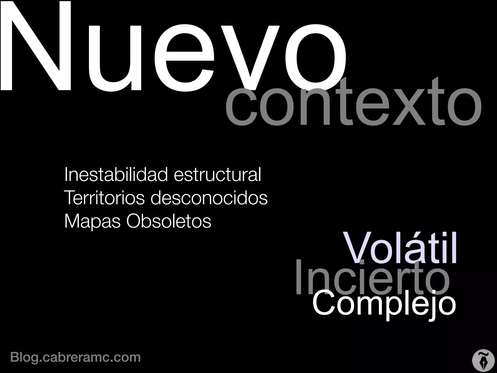 Nuevo
   contexto
       Inestabilidad estructural
       Territorios desconocidos
       Mapas Obsoletos
       
                              Volátil
                                    Incierto
                                     Complejo
Blog.cabreramc.com!
 
