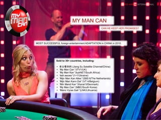 MY MAN CANMY MAN CAN
MOST SUCCESSFUL foreign entertainment ADAPTATION in CHINA in 2010.MOST SUCCESSFUL foreign entertainment ADAPTATION in CHINA in 2010.
Sold to 30+ countries, including:
• 老公看你的 (Jiang Su Satellite Channel/China)
• “My Man Can”(ITV1/UK)
• “My Man Kan”(kykNET/South Africa)
• “мій зможе“(1+1/Ukraine)
• “Mijn Man Kan Alles”(SBS 6/The Netherlands)
• “Mijn Man Kann Dat”(VT 4/Belgium)
• “Min Mand Kan”(Kanal 5/Denmark)
• “My Man Can“(MBC/South Korea)
• “Mano Vyras Gali”(LNK/Lithuania)
Sold to 30+ countries, including:
• 老公看你的 (Jiang Su Satellite Channel/China)
• “My Man Can”(ITV1/UK)
• “My Man Kan”(kykNET/South Africa)
• “мій зможе“(1+1/Ukraine)
• “Mijn Man Kan Alles”(SBS 6/The Netherlands)
• “Mijn Man Kann Dat”(VT 4/Belgium)
• “Min Mand Kan”(Kanal 5/Denmark)
• “My Man Can“(MBC/South Korea)
• “Mano Vyras Gali”(LNK/Lithuania)
CAN HE KEEP HER PROMISES?CAN HE KEEP HER PROMISES?
16
 
