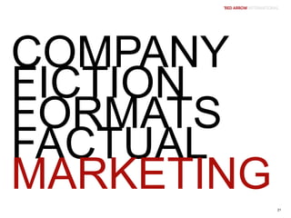 COMPANY
FICTION
FORMATS
FACTUAL
MARKETING
21
 