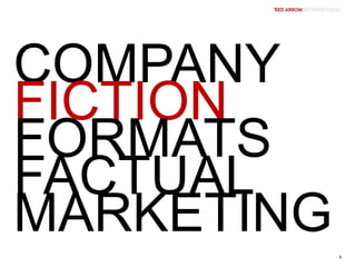 COMPANY
FICTION
FORMATS
FACTUAL
MARKETING
6
 