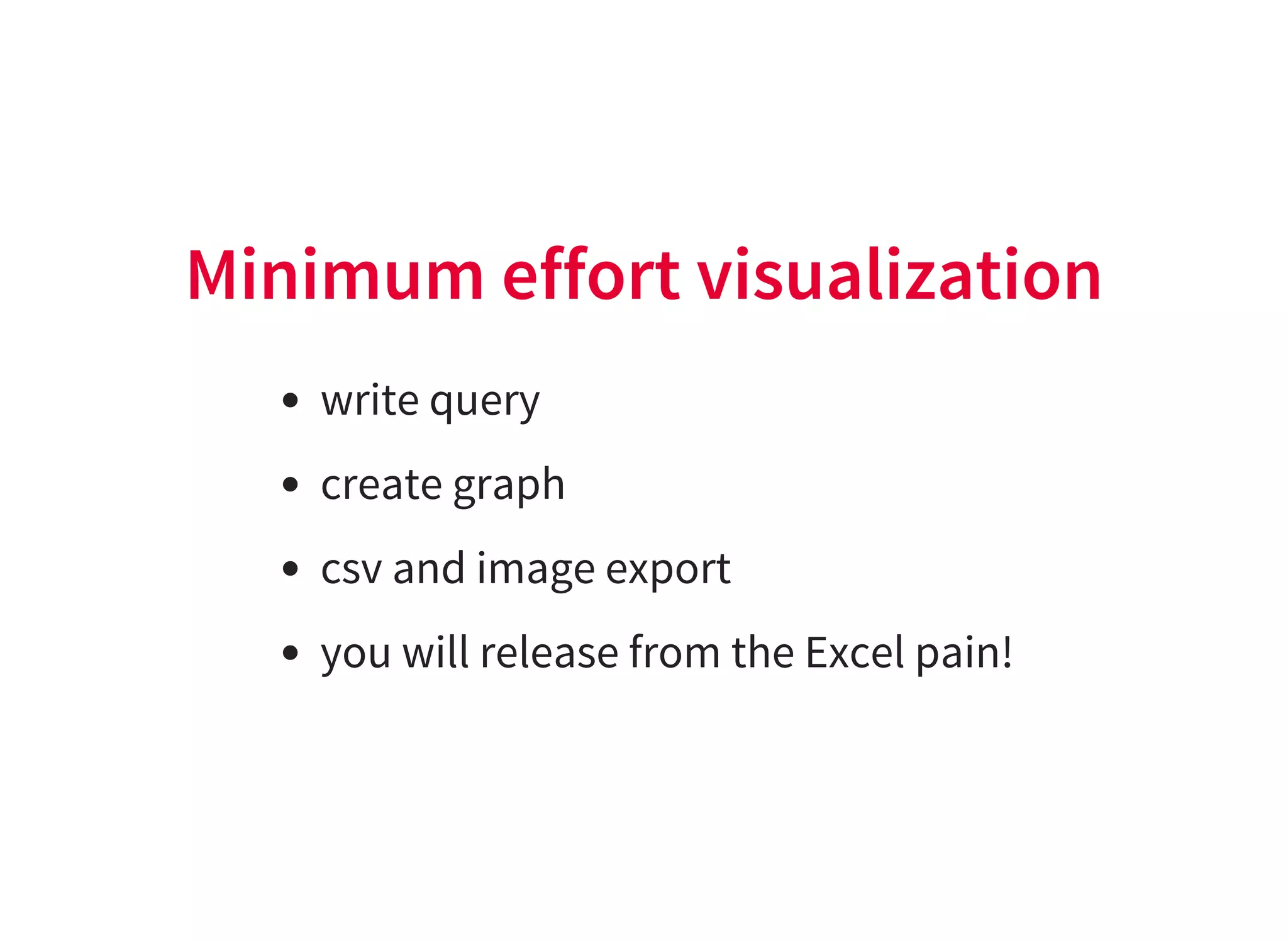 Minimum effort visualization
write query
create graph
csv and image export
you will release from the Excel pain!
 