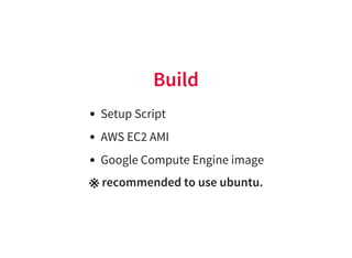 Build
Setup Script
AWS EC2 AMI
Google Compute Engine image
※ recommended to use ubuntu.
 