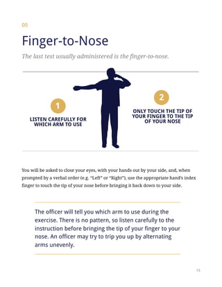 05
Finger-to-Nose
The last test usually administered is the finger-to-nose.
You will be asked to close your eyes, with your hands out by your side, and, when
prompted by a verbal order (e.g. “Left” or “Right”), use the appropriate hand’s index
finger to touch the tip of your nose before bringing it back down to your side.
The officer will tell you which arm to use during the
exercise. There is no pattern, so listen carefully to the
instruction before bringing the tip of your finger to your
nose. An officer may try to trip you up by alternating
arms unevenly.
!15
 