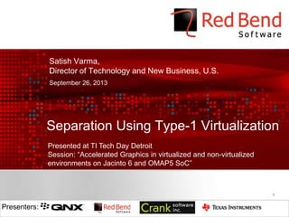 Satish Varma,
Director of Technology and New Business, U.S.
September 26, 2013
Separation Using Type-1 Virtualization
Presented at TI Tech Day Detroit
Session: “Accelerated Graphics in virtualized and non-virtualized
environments on Jacinto 6 and OMAP5 SoC”
1
Presenters:
 