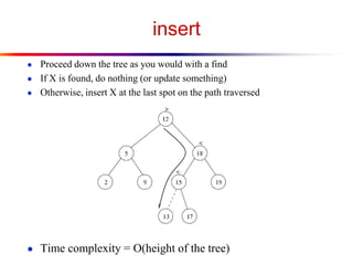 insert
● Proceed down the tree as you would with a find
● If X is found, do nothing (or update something)
● Otherwise, insert X at the last spot on the path traversed

● Time complexity = O(height of the tree)

 