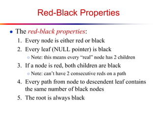 Red-Black Properties
● The red-black properties:

1. Every node is either red or black
2. Every leaf (NULL pointer) is black
○ Note: this means every “real” node has 2 children

3. If a node is red, both children are black
○ Note: can’t have 2 consecutive reds on a path

4. Every path from node to descendent leaf contains
the same number of black nodes
5. The root is always black

 