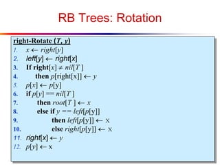 RB Trees: Rotation
right-Rotate (T, y)
1. x  right[y]
2. left[y]  right[x]
3. If right[x]  nil[T ]
4.
then p[right[x]]  y
5. p[x]  p[y]
6. if p[y] == nil[T ]
7.
then root[T ]  x
8.
else if y == left[p[y]]
9.
then left[p[y]]  x
10.
else right[p[y]]  x
11. right[x]  y
12. p[y]  x

 