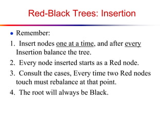 Red-Black Trees: Insertion
● Remember:

1. Insert nodes one at a time, and after every
Insertion balance the tree.
2. Every node inserted starts as a Red node.
3. Consult the cases, Every time two Red nodes
touch must rebalance at that point.
4. The root will always be Black.

 