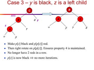 Case 3 – y is black, z is a left child
B

C
p[z]

 y

B
z



A



A



C







● Make p[z] black and p[p[z]] red.
● Then right rotate on p[p[z]]. Ensures property 4 is maintained.
● No longer have 2 reds in a row.
● p[z] is now black  no more iterations.



 