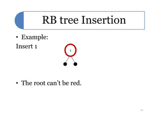 RB tree Insertion
• Example:
Insert 1 1
• The root can’t be red.
21
 