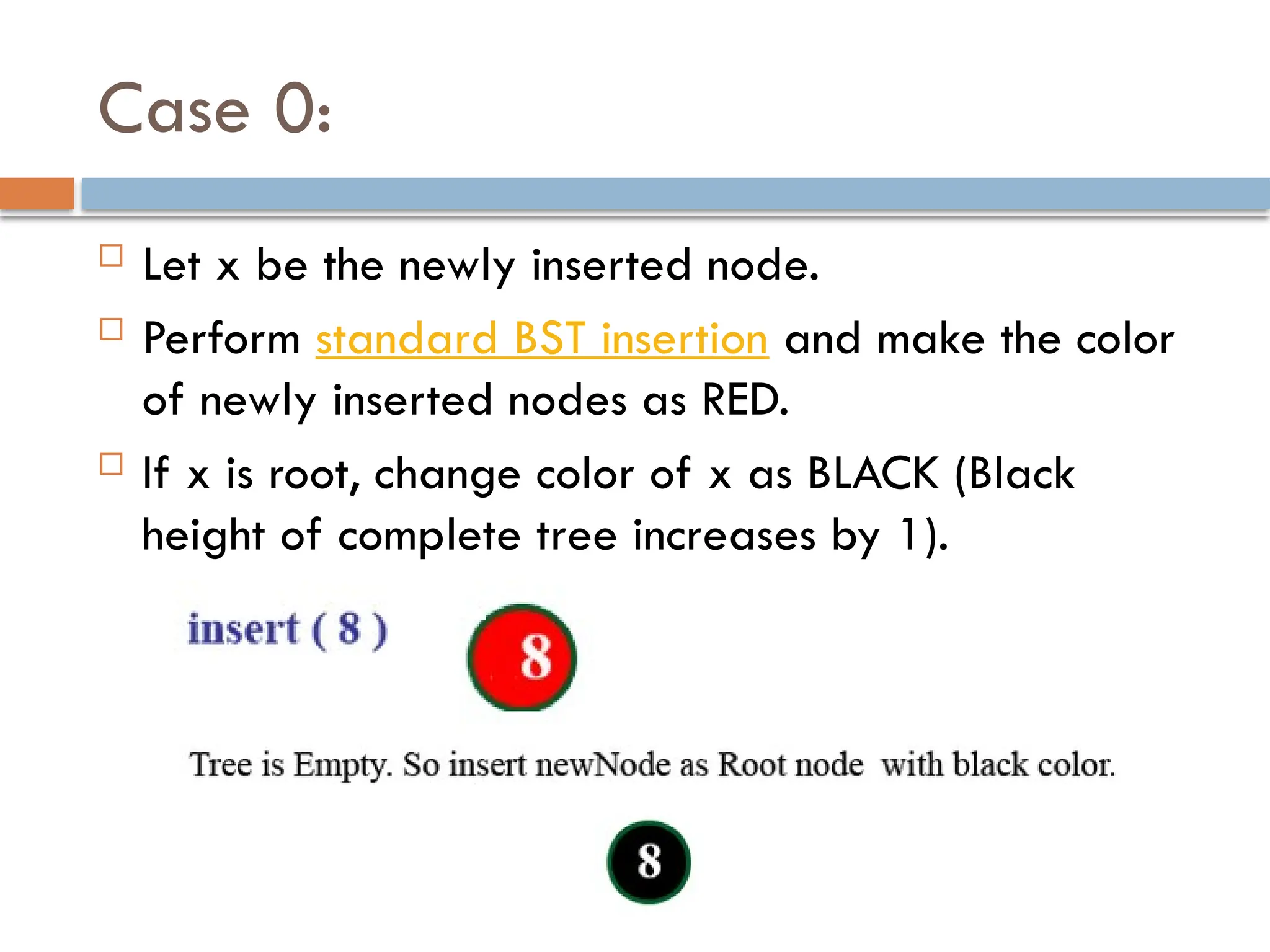 Case 0:
 Let x be the newly inserted node.
 Perform standard BST insertion and make the color
of newly inserted nodes as RED.
 If x is root, change color of x as BLACK (Black
height of complete tree increases by 1).
 
