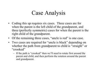 Case Analysis
• Coding this up requires six cases. Three cases are for
  when the parent is the left child of the grandparent, and
  three (perfectly symmetric) cases for when the parent is the
  right child of the grandparent.
• Of the remaining three cases, “uncle is red” is one case.
• Two cases are required for “uncle is black” depending on
  whether the path from grandparent to child is “straight” or
  “crooked”
   – If the path is “crooked” then we’ll need to rotate first around the
     parent and child, and then perform the rotation around the parent
     and grandparent.
 