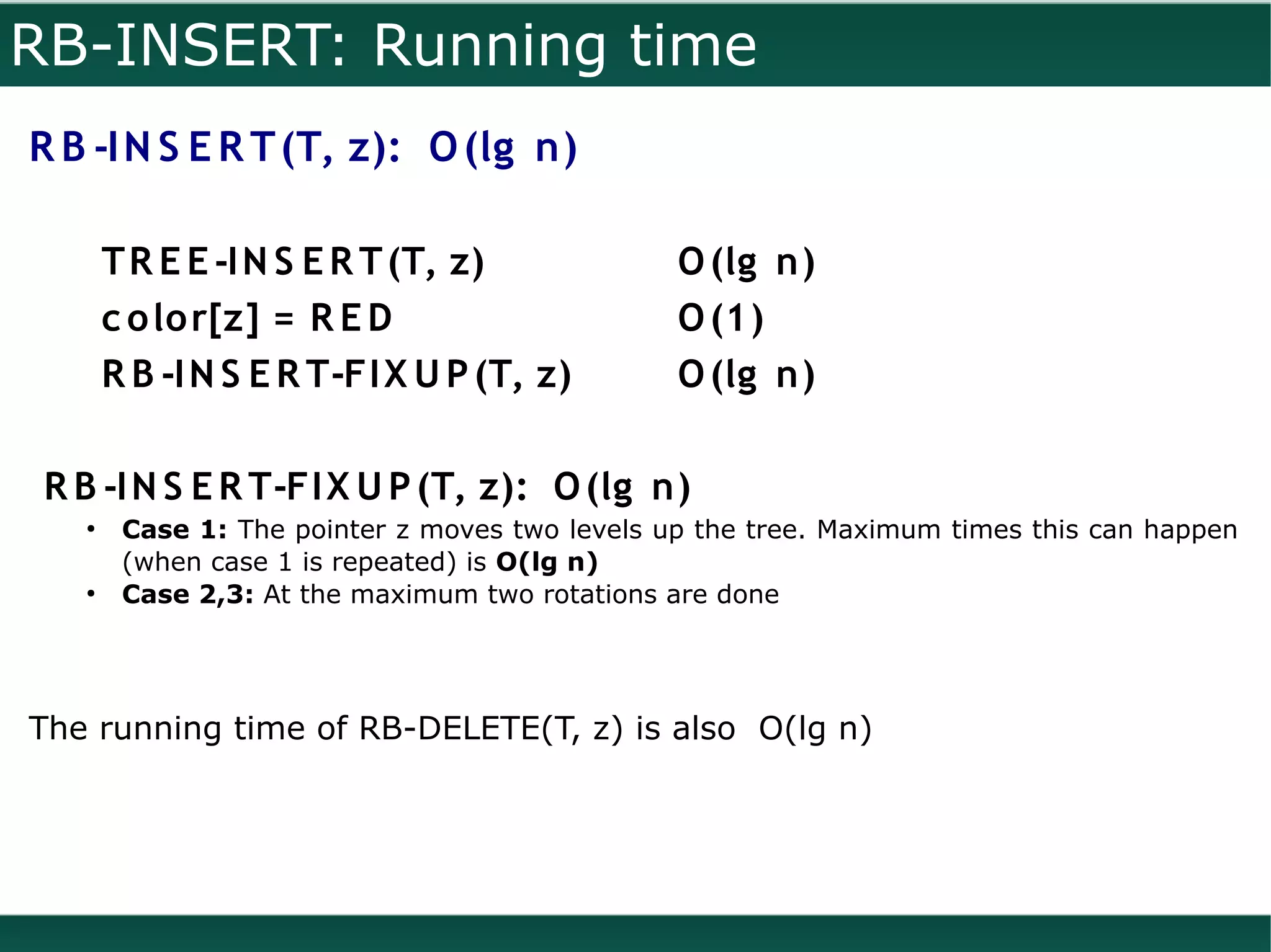 RB-INSERT: Running time
R B -I N S E R T (T, z): O (lg n)

       T R E E -I N S E R T (T, z)              O (lg n)
       c o lo r[z] = R E D                      O (1)
       R B -I N S E R T-FI X U P (T, z)         O (lg n)

 R B -I N S E R T-FI X U P (T, z): O (lg n)
   ●
        Case 1: The pointer z moves two levels up the tree. Maximum times this can happen
        (when case 1 is repeated) is O(lg n)
   ●
        Case 2,3: At the maximum two rotations are done




The running time of RB-DELETE(T, z) is also O(lg n)
 