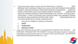  Tiga prinsip dasar sistem ( sistem di bisnis Networking ) ini banyak DIRE
MEHKAN ATAU DIANGGAP ANGIN LALU SAJA OLEH NETWORKER KRN MERAS
A MAMPU MENJADI MAGNET ORANG BERGABUNG DI BISNISNYA, NAMUN M
EREKA LUPA BAHWA JIKA TIGA ELEMEN SANGAT PENTING DIBISNIS MA
NUSIA INI DENGAN MEMILIKI SIKAP MENERIMA ATAU MUDAH UTK BELAJAR (
TEACHABLE ) TIDAK DI PEGANG DAN LAKUKAN MAKA akan MEMBUAT BISNIS
NYA RAPUH DAN AKHIRNYA RONTOK KRN TIDAK MENGINDAHKAN HA
L2 DIATAS BERAPAPUN BISNIS JARINGAN NYA .
APALAGI DI TAMBAHI 3 MASALAH KRUSIAL :
1. SIKAP
2. HUBUNGAN
3. MASALAH UANG
 maka JIKA TERJADI SALAH SATU AJA AKAN BUAT RONTOK DAN TERJADI DIS
EDIFIKASI TERHADAP DIRI NYA SENDIRI. Semoga keterangan singkat ini menjadi p
embelajaran penting Utk kita semua di manapun bisnis yg kita lakukan baik NETWOR
KING ATAUPUN KONVENTIONAL bro n sist.
 
